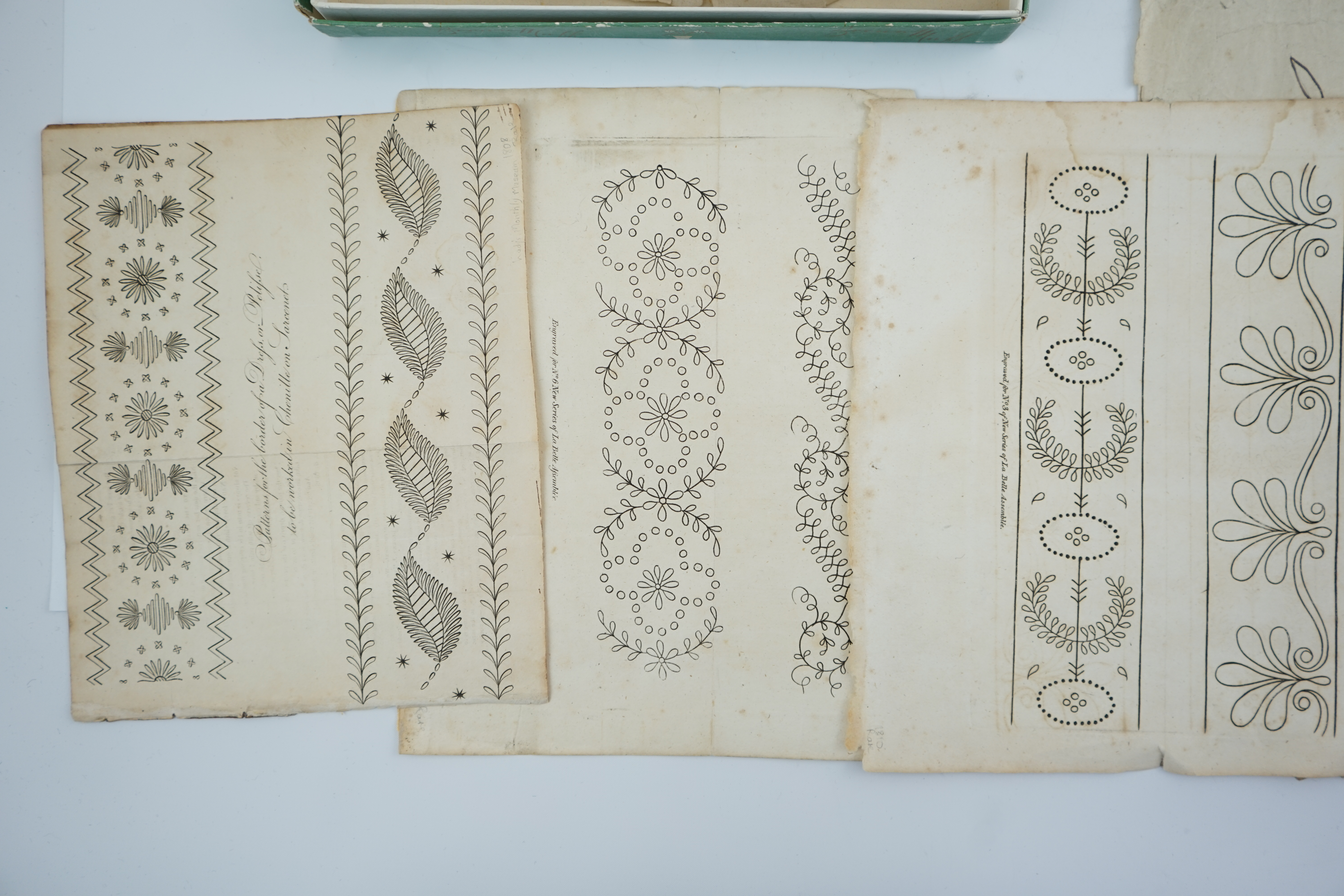 An interesting collection of 1808 - 1827 embroidery designs and pricking through patterns for whitework embroidery.